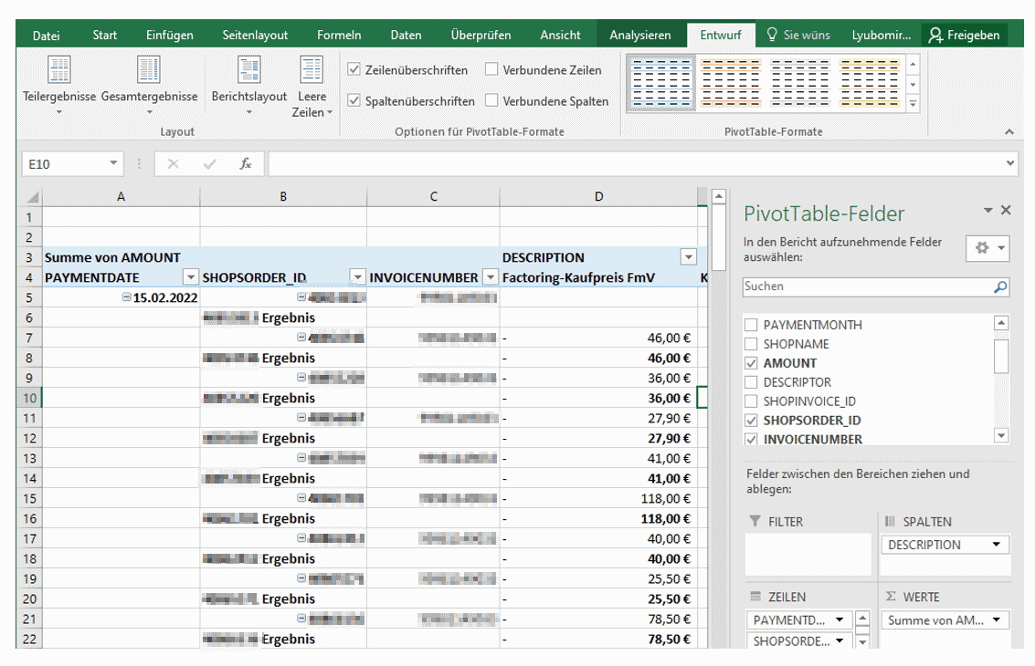 How to create Pivot table from CSV settlement report imported in Excel